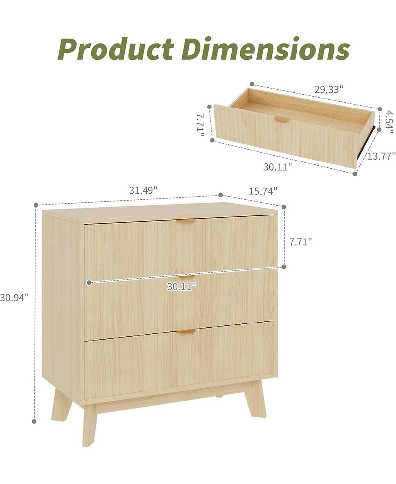 homfan Modern Set of 2 Chests of Drawers, 3 Drawers, Fluted Sides, Mid-Century Style, Made of Wood, Ideal for Living Room, Bedroom or Hallway