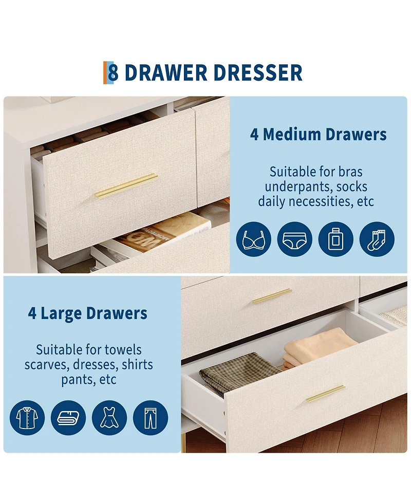 homfan Dresser, Modern 8 Drawer Dresser for Bedroom with Handle and Legs, Wooden Nightstand with Linen-Textured Surface, Accent Cabinet End Table