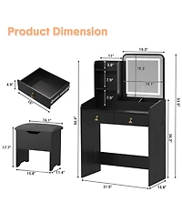homfan Makeup Vanity Set with Lights, Small Desk with Upholstered Stool, Dressing Table with 2 Drawers and 3-Tier Shelves for Bedroom, 3 Light Modes