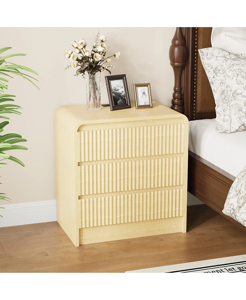 homfan 23.6-Inch Fluted Nightstand with Charging Station and 3 Drawers, Warm Wood Finish