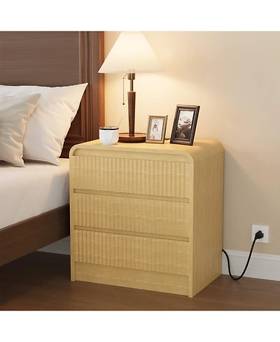 homfan 23.6-Inch Fluted Nightstand with Charging Station and 3 Drawers, Warm Wood Finish