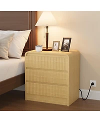 homfan 23.6-Inch Fluted Nightstand with Charging Station and 3 Drawers, Warm Wood Finish