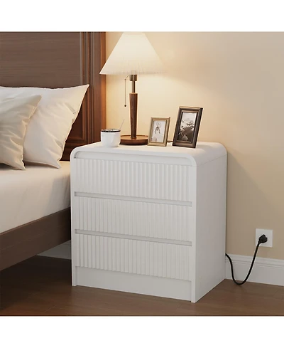 homfan 23.6-Inch White Fluted Nightstand with Charging Station and 3 Drawers