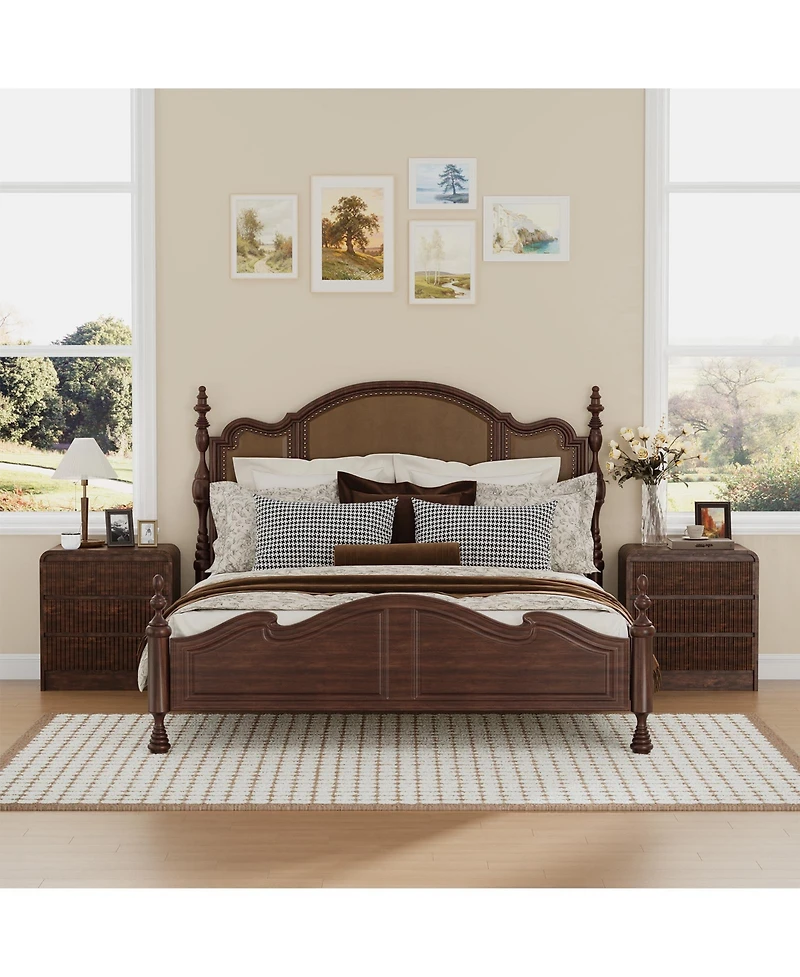 homfan Set of 2 Brown Fluted Nightstands with Charging Station and 3 Drawers