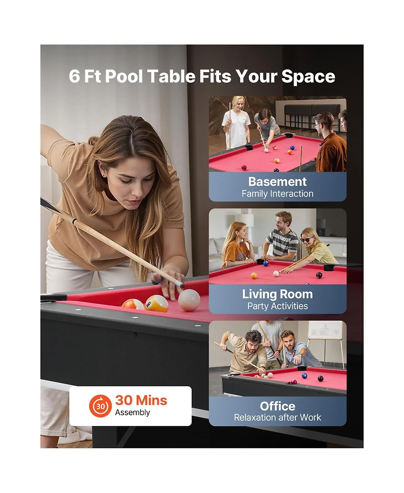 Sevorley 6 ft Portable Pool Table Set with Balls, Cues, Rack and Chalk