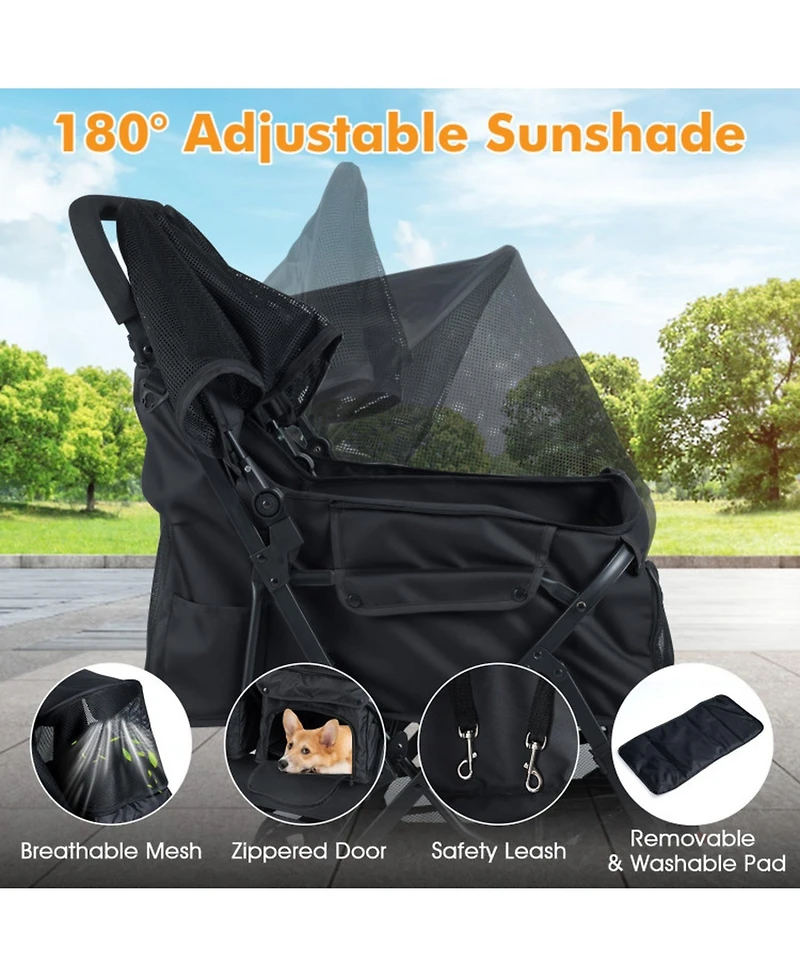 Hongge Foldable Double Pet Stroller with Adjustable Sunshade Safety Leash and Storage Baskets