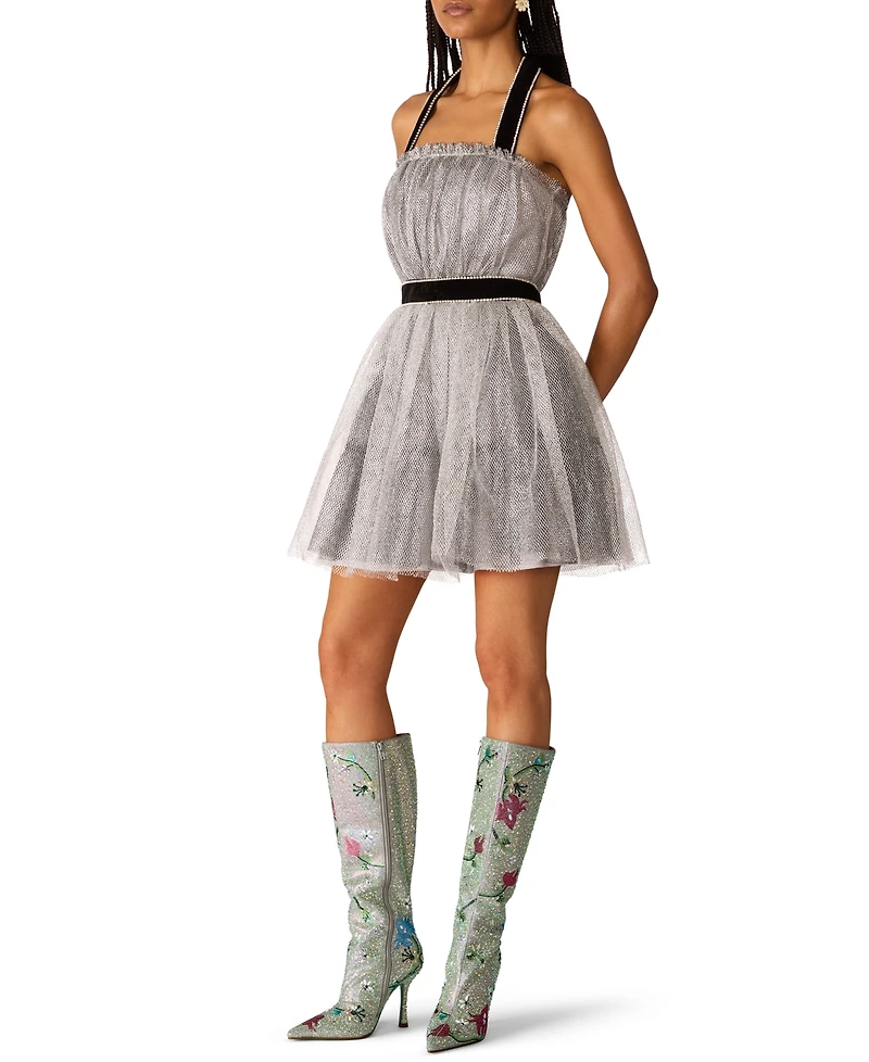 Betsey Johnson Juniors' Halter Open-Back Glittering Tulle Mini Dress