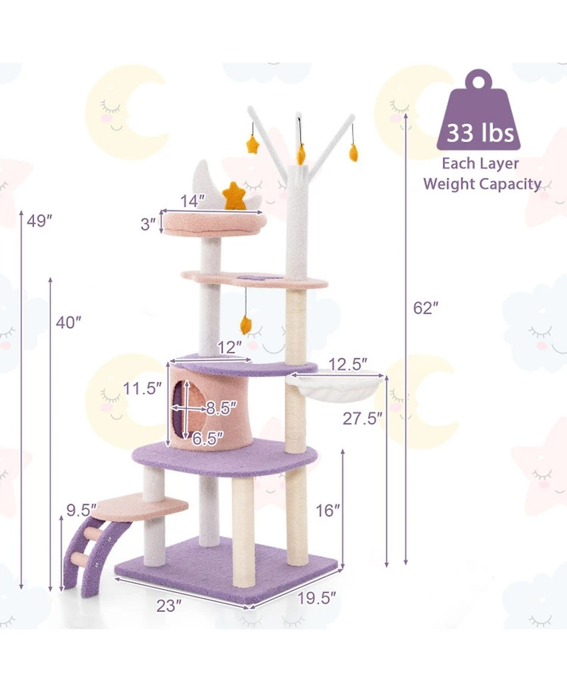 Hongge 55 Inch Multi-Level Cat Tower with Sisal Scratching Posts Hammock and Condo for Small Cats