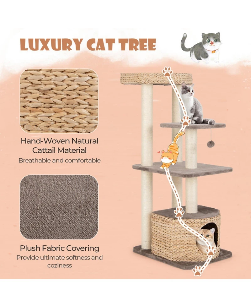 Hongge 52 Inch 4-Layer Cat Tower with Sisal Scratching Posts Condo and Washable Cushions