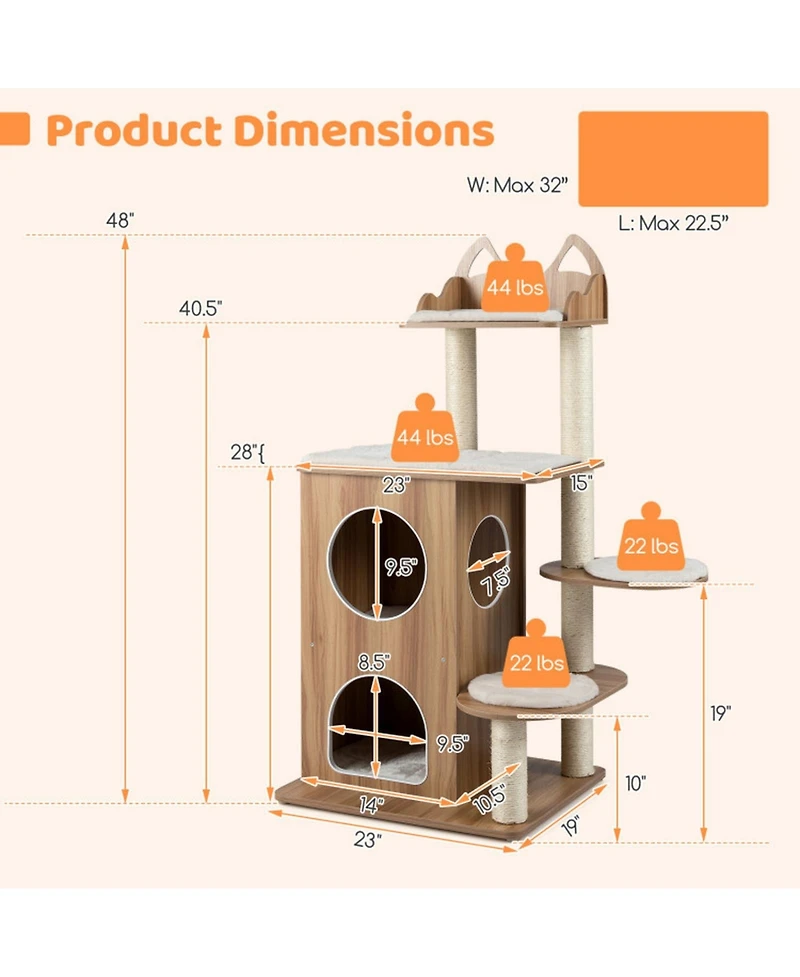 Hongge 48 Inch Wooden Cat Tree with 2-Floor Condo Cat-Head Perch and Sisal Posts