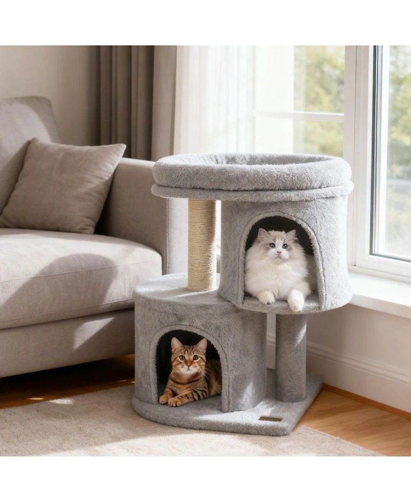 Hongge 26 Inch Cat Tower with Large Padded Perch Dual Condos and Sisal Scratching Posts