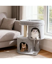 Hongge 26 Inch Cat Tower with Large Padded Perch Dual Condos and Sisal Scratching Posts