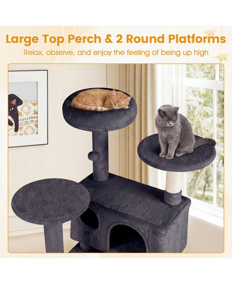 Hongge 52 Inch Cat Tree Tower with Dual Hideaway Caves Padded Perches and Sisal Posts