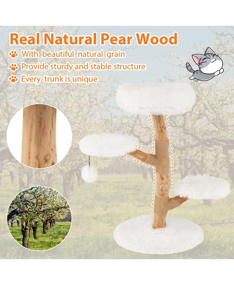 Hongge 35 Inch Solid Pear Wood Cat Tree with Plush Perch and Jute Scratching Posts