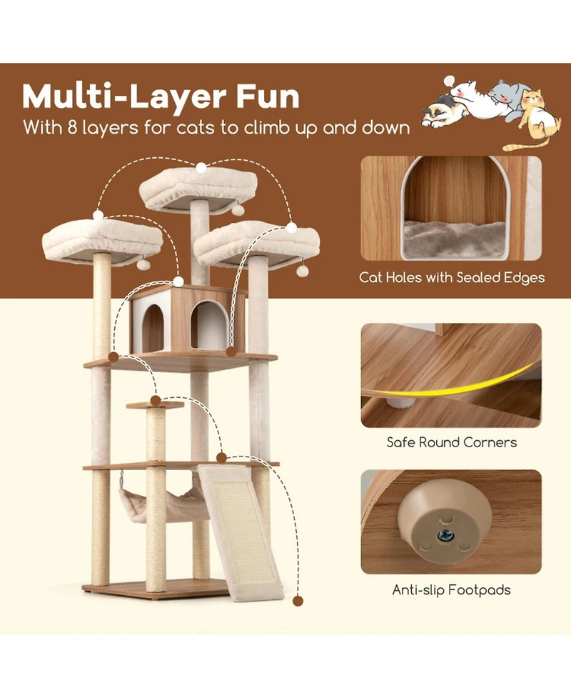Hongge 68 Inch Cat Tree with 3 Padded Perches Private Condo and Sisal Scratching Posts