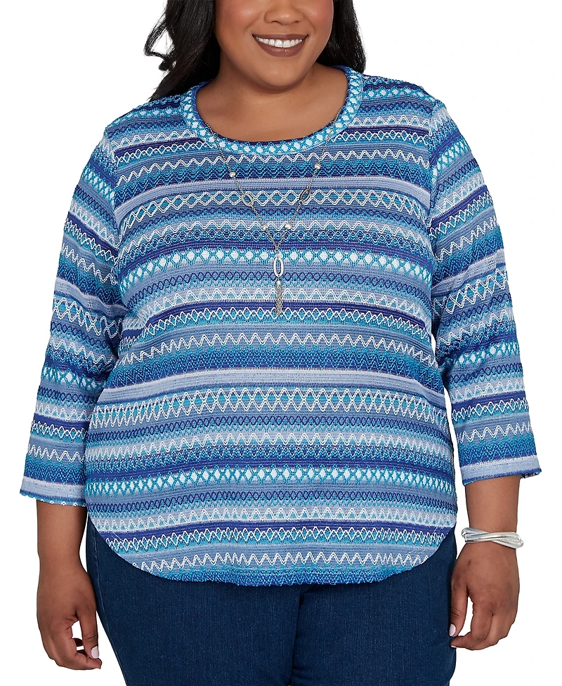 Alfred Dunner Plus Classic Textured Stripe Knit Top with Necklace