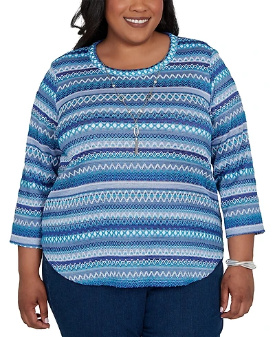 Alfred Dunner Plus Classic Textured Stripe Knit Top with Necklace