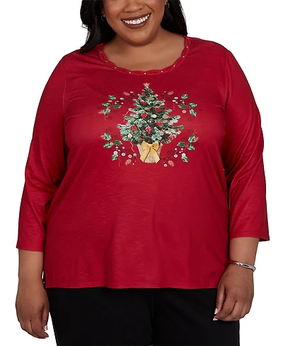 Alfred Dunner Plus Classic Christmas Tree Braided Neck Top