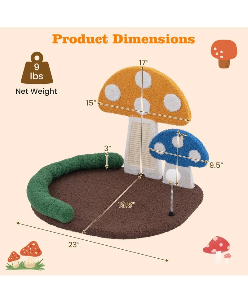 Hongge Mushroom Cat Bed and Claw Scratcher with Wide Cushion and Sisal Scratch Panel