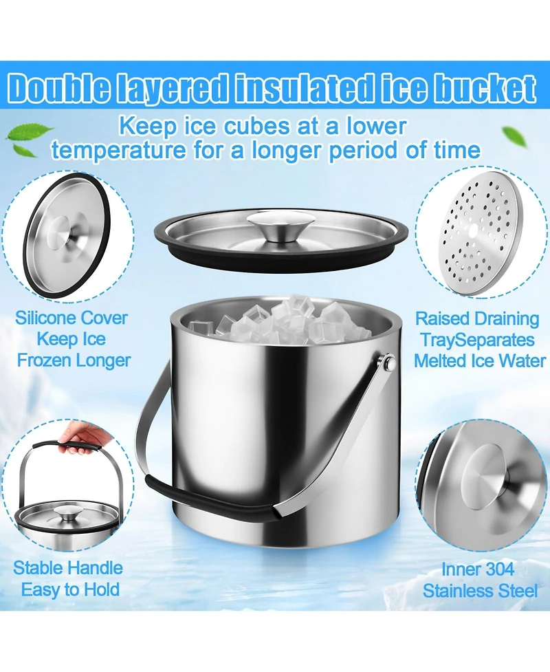 Piscifun Double Walled Insulated Ice Bucket with Lid Scoop Strainer Handle for Cocktail Parties