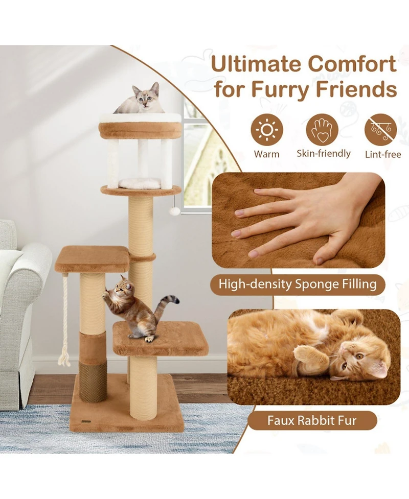 Hongge 65 Inch Cat Tree with Dual Padded Perches Removable Washable Bed and Self-Groomer