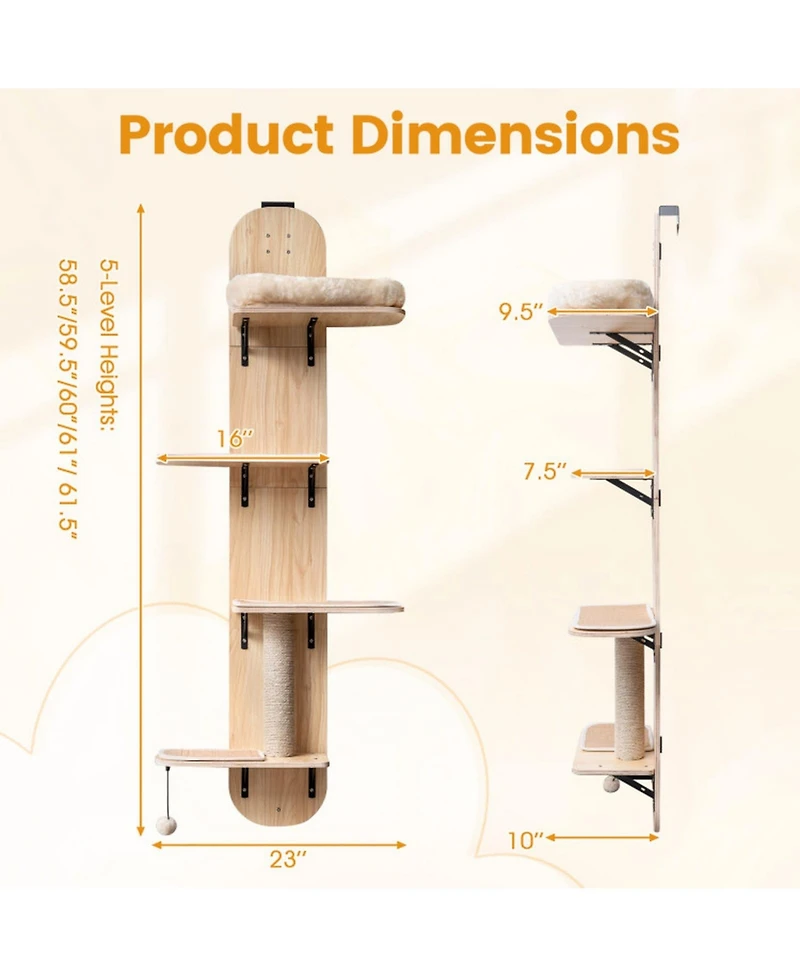 Hongge Door-Hanging Cat Climber 4-Level Adjustable Height with Plush Bed and Jute Post