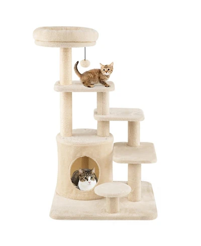 Hongge 40 Inch Multi-Level Cat Tower with Sisal Posts Hideaway Condo and Jingle Ball