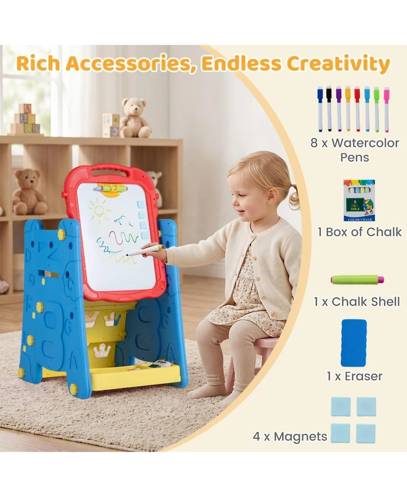 Hongge 4-in-1 Kids Art Easel with Magnetic Whiteboard Chalkboard and Bookshelf
