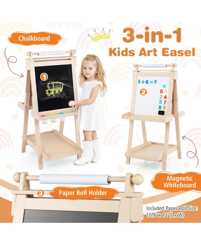 Hongge 3-in-1 Double-Sided Kids Art Easel with Chalkboard Magnetic Whiteboard and Paper Roll