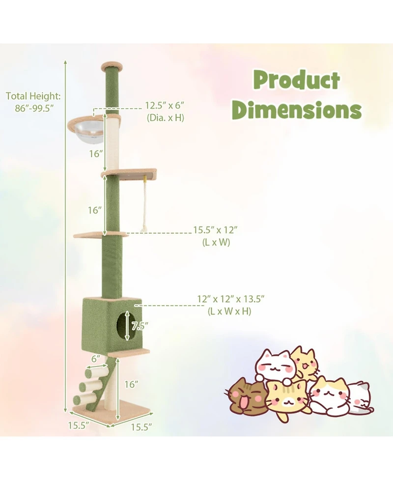 Hongge Floor to Ceiling Cat Tree 86 to 99.5 Inch Adjustable Height with Space Capsule and Sisal Posts