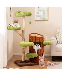 Hongge 55 Inch Multi-Level Cat Tree with Double-Decker Cat House Wide Perch and Sisal Panel