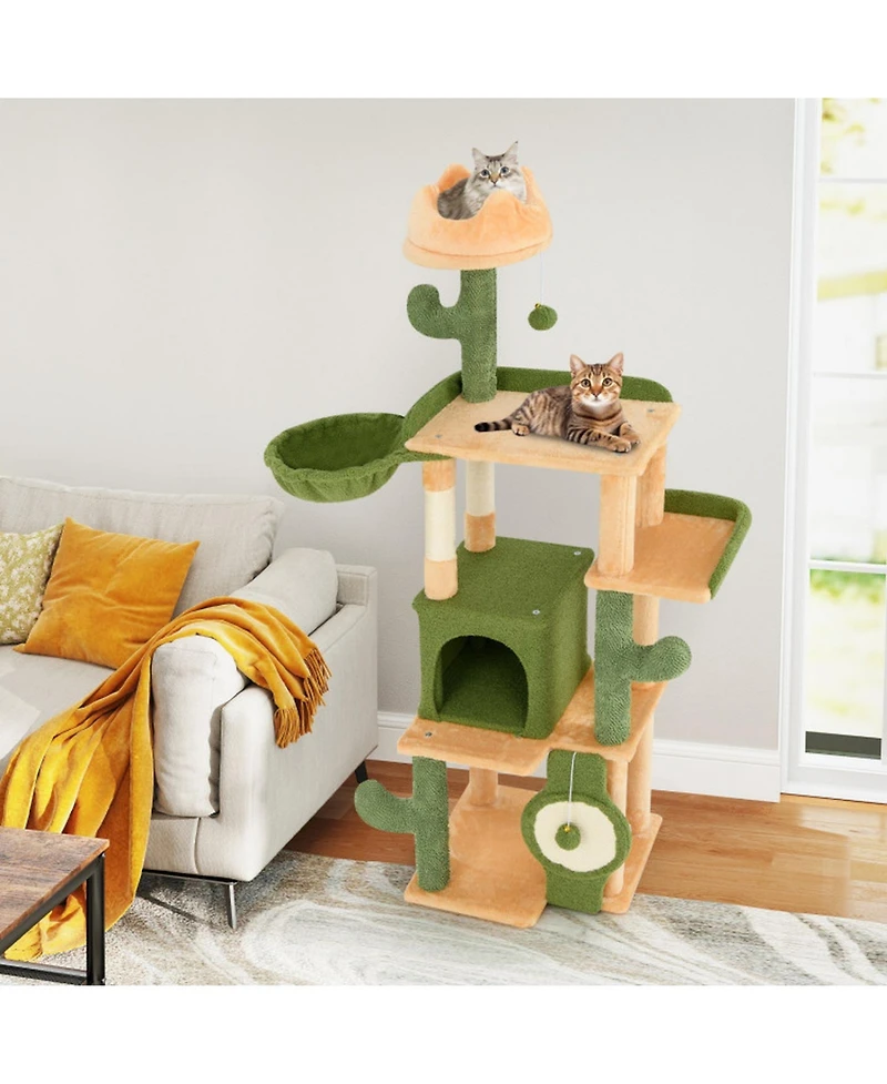 Hongge 63 Inch Cactus Cat Tree with Hideaway Condo Crown Perch and Sisal Scratching Posts