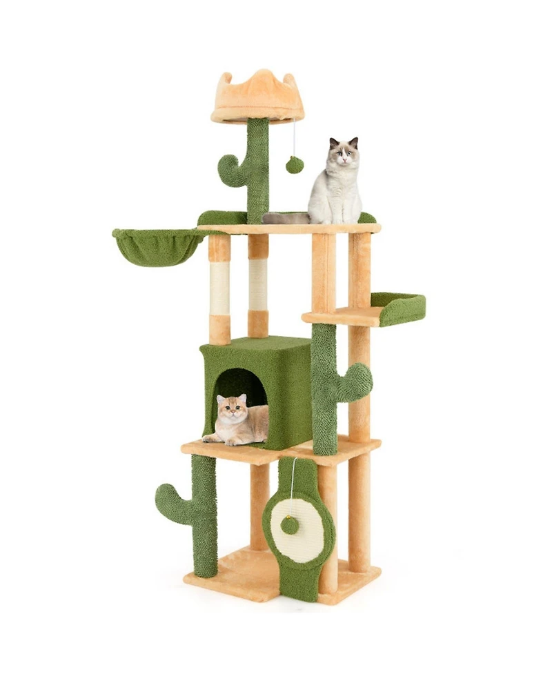 Hongge 63 Inch Cactus Cat Tree with Hideaway Condo Crown Perch and Sisal Scratching Posts