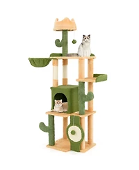 Hongge 63 Inch Cactus Cat Tree with Hideaway Condo Crown Perch and Sisal Scratching Posts