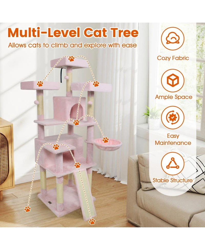 Hongge 65 Inch Cat Tree with 3 Upholstered Perches 2 Condos and Sisal Scratching Posts