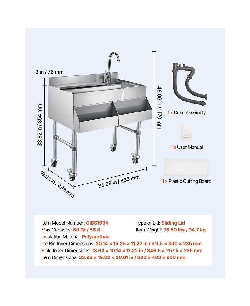 Sevorley Commercial Ice Bin with Sink and Faucet, 60 Qt Stainless Steel Cocktail Cooler Cart