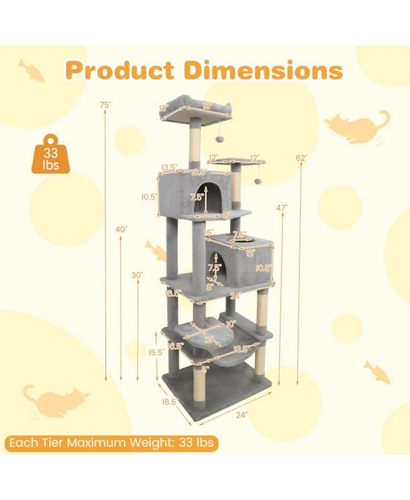 Hongge 58 Inch Modern Cat Tree with Upholstered Perch 2 Condos and Sisal Scratching Posts