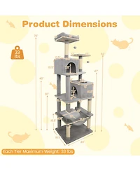 Hongge 58 Inch Modern Cat Tree with Upholstered Perch 2 Condos and Sisal Scratching Posts