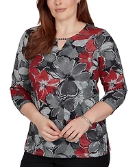Alfred Dunner Petite Classic Textured Floral Split Neck Pocket Top