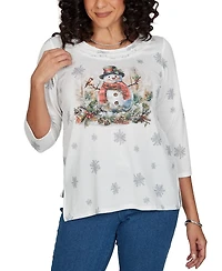Alfred Dunner Petite Classic Shimmering Snowman Knit Top