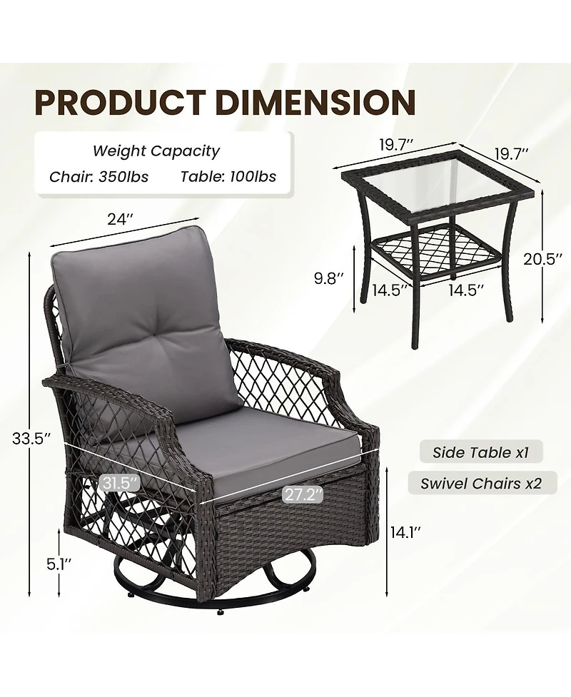 Asagikoiai 3 Piece Wicker Outdoor Patio Furniture Set with Swivel Glider Chairs and Side Table-Asagikoiai