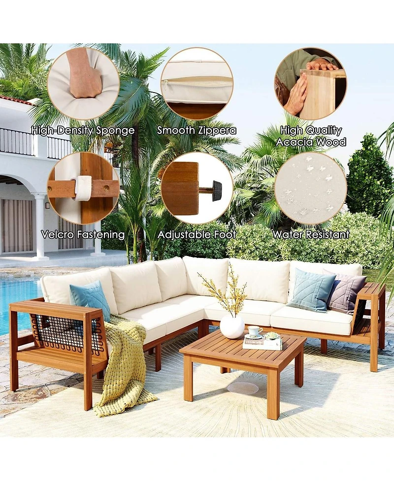 Asagikoiai 4-Piece Outdoor Acacia Wood Conversation Set L-Shaped Patio Sectional with Cushions