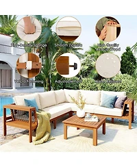 Asagikoiai 4-Piece Outdoor Acacia Wood Conversation Set L-Shaped Patio Sectional with Cushions