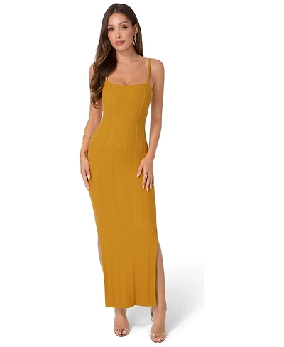 Bebe Women's Ribbed Knit Square Neck Bodycon Side-Slit Maxi Dress