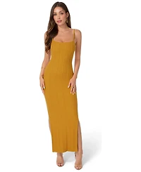 Bebe Women's Ribbed Knit Square Neck Bodycon Side-Slit Maxi Dress