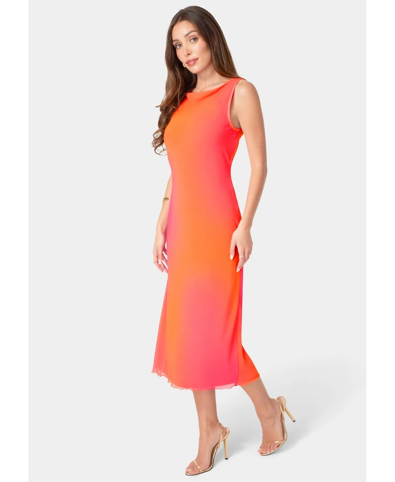 Bebe Women's Smudge Chiffon Gradient-Pattern Racer Neck Wedding Guest Maxi Dress