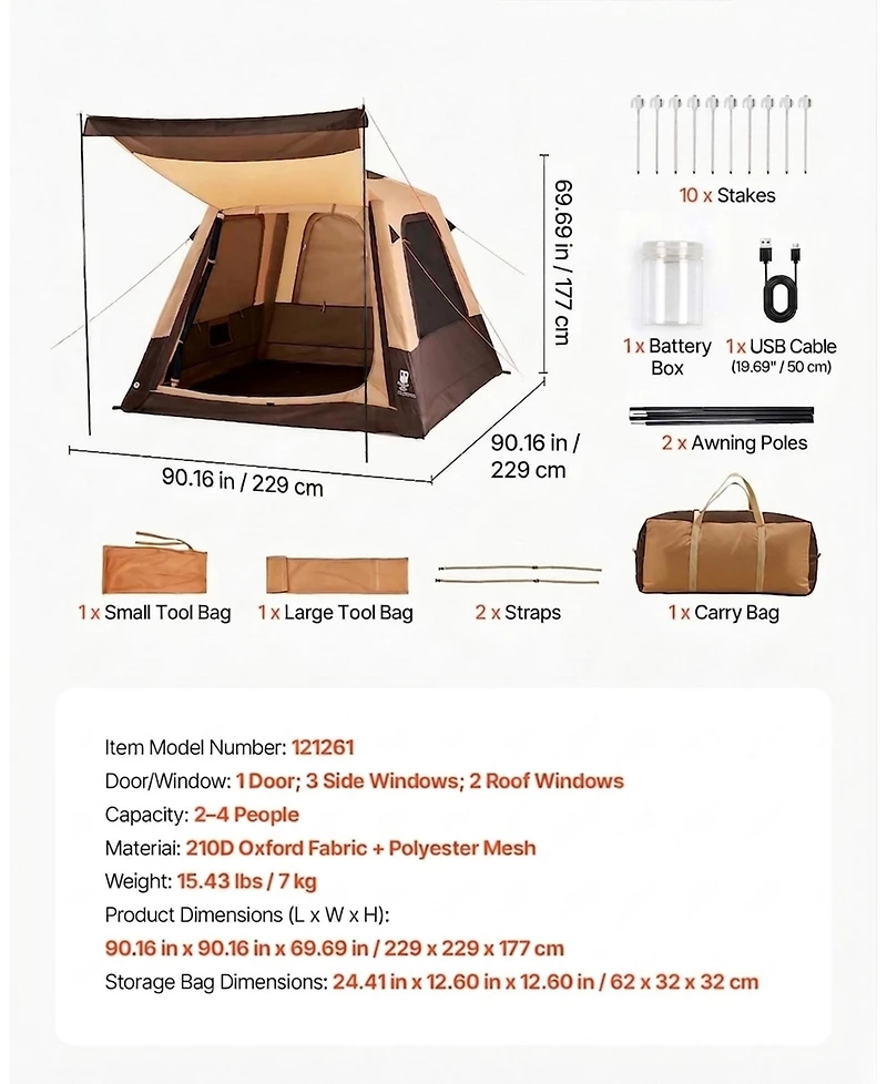 Sevorley 4-Person Inflatable Cabin Camping Tent with Rechargeable Pump