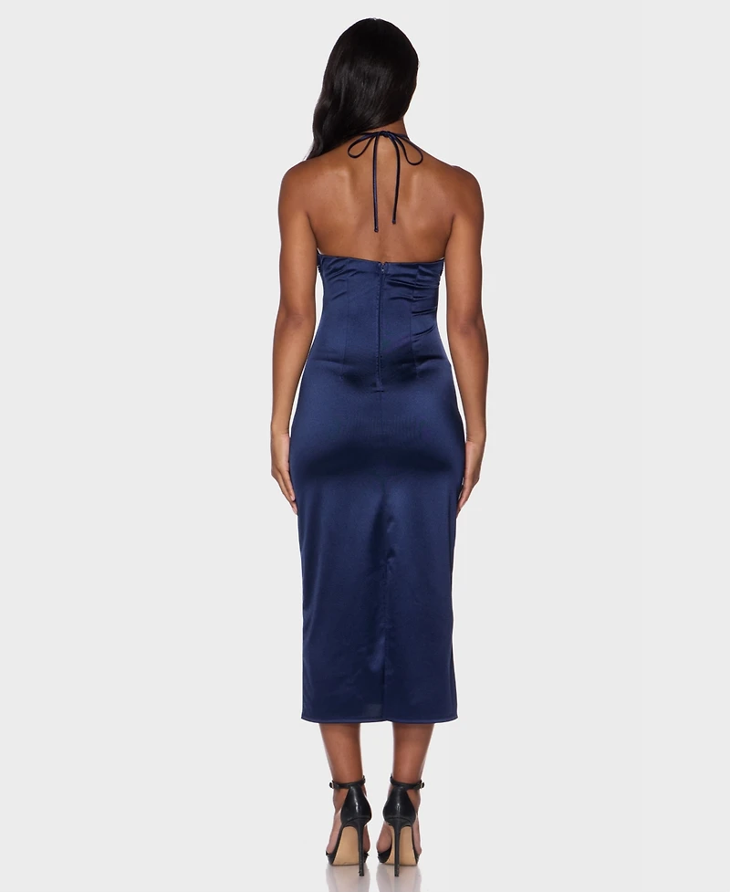 B Darlin Juniors' Stone-Embellished Halter Neck Satin Midi Dress
