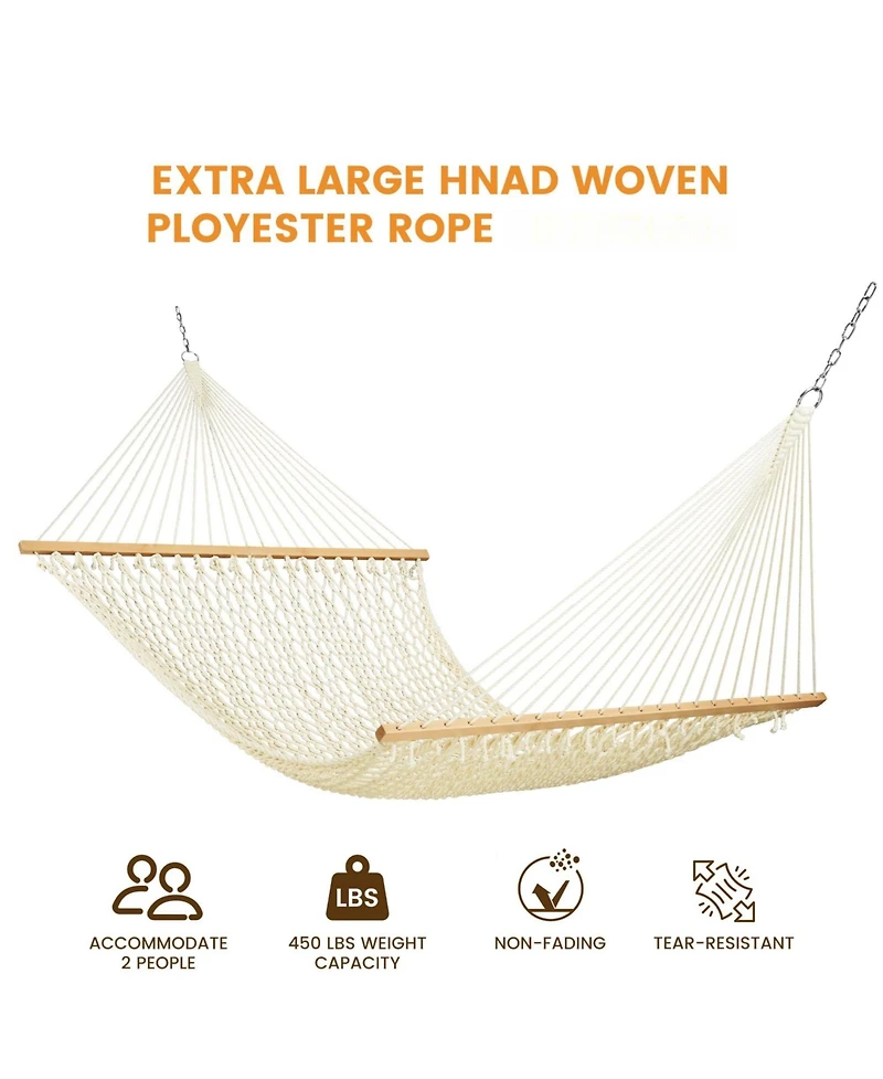 Piscifun 13 ft Double Polyester Rope Hammock with Spreader Bar Carabiners Tree Straps Outdoor Patio 450 Lbs Max Weight