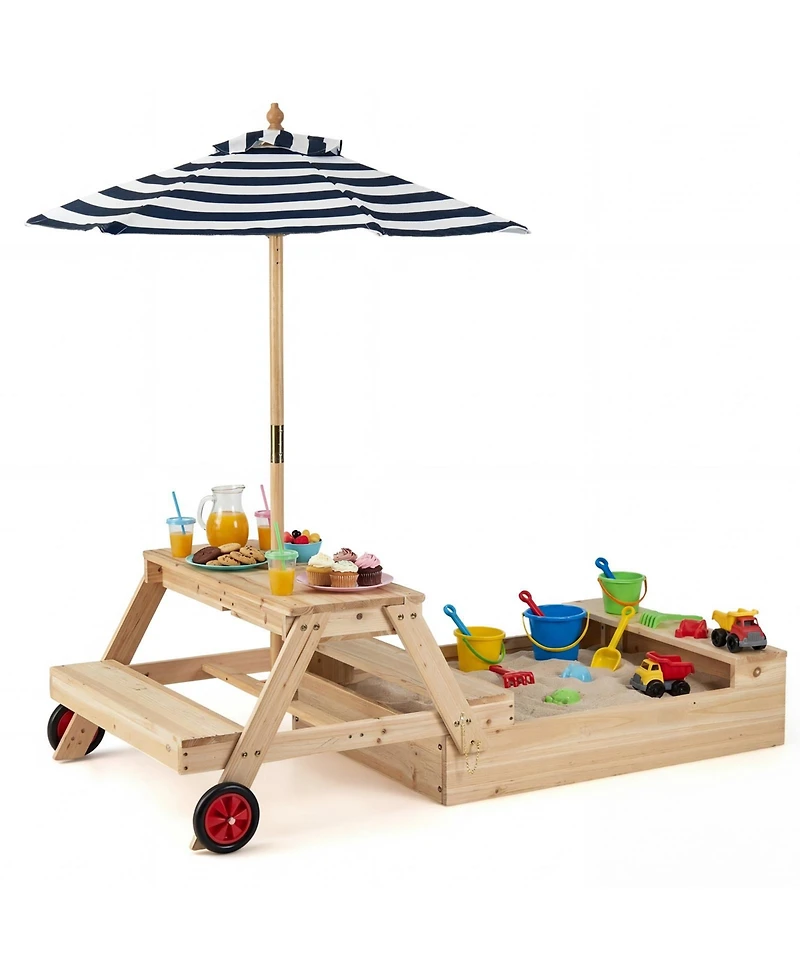 Gymax 3-in-1 Wooden Sandbox With Foldable Umbrella Convertible Picnic Table Benches